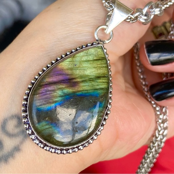 925 Sterling silver overlay iridescent rainbow pink blue labradorite necklace - Picture 7 of 14
